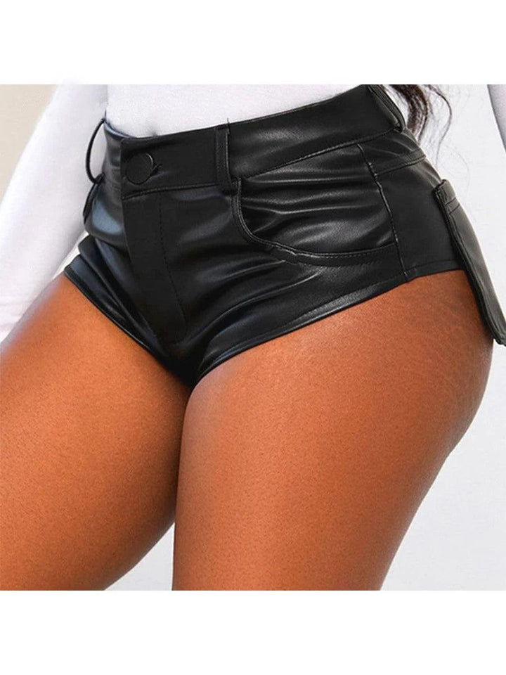 Summer Women's PU Leather Sexy Girl Style Pocket Patched Solid Motorcycle Booty Hot Shorts-THAT FASHION STORE