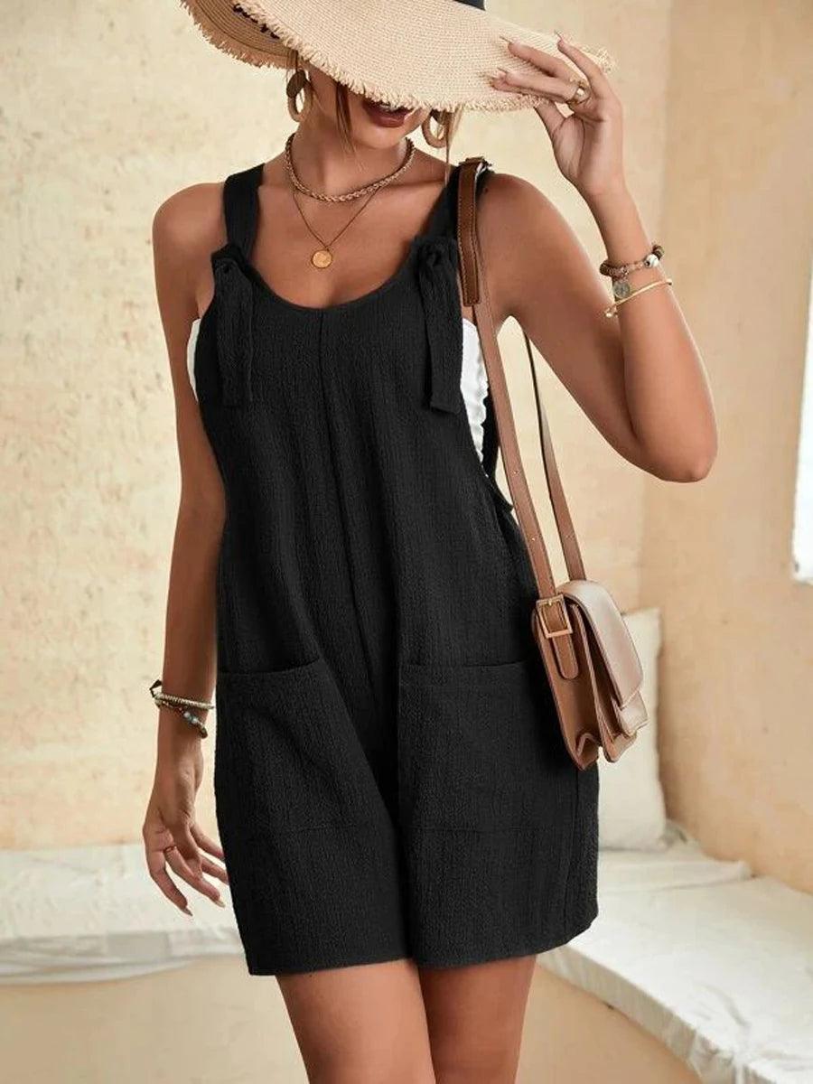 Women's Summer Jumpsuit Overalls Short Loose Sleeveless Wide Leg Overall Solid Casul Daily Banggy Romper with Pockets (Black )-THAT FASHION STORE