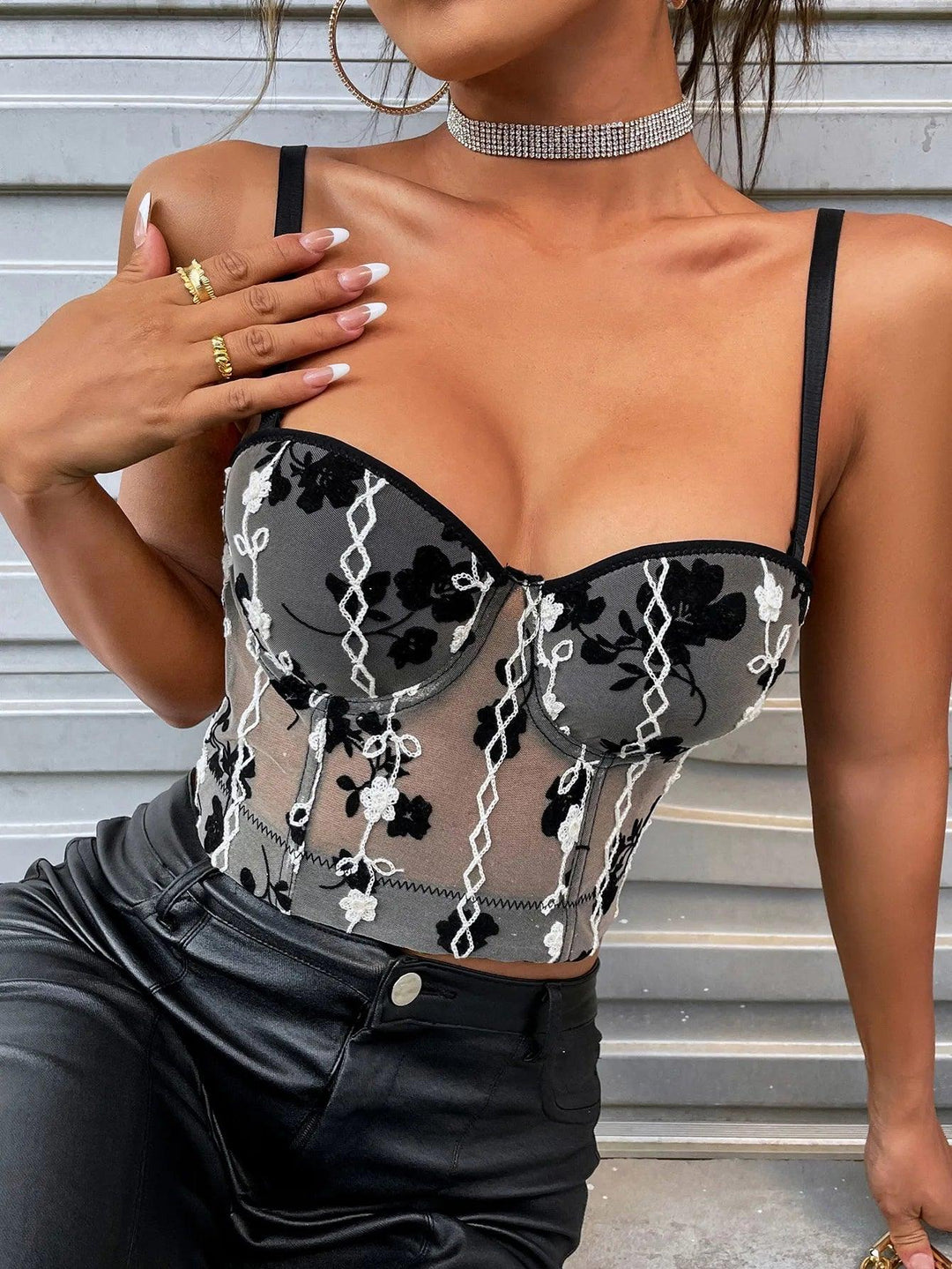 Sexy Female Floral Embroidered Bustier Transparent Tight-fitting Carnival Clubwear Corset Cami Strap Top-THAT FASHION STORE