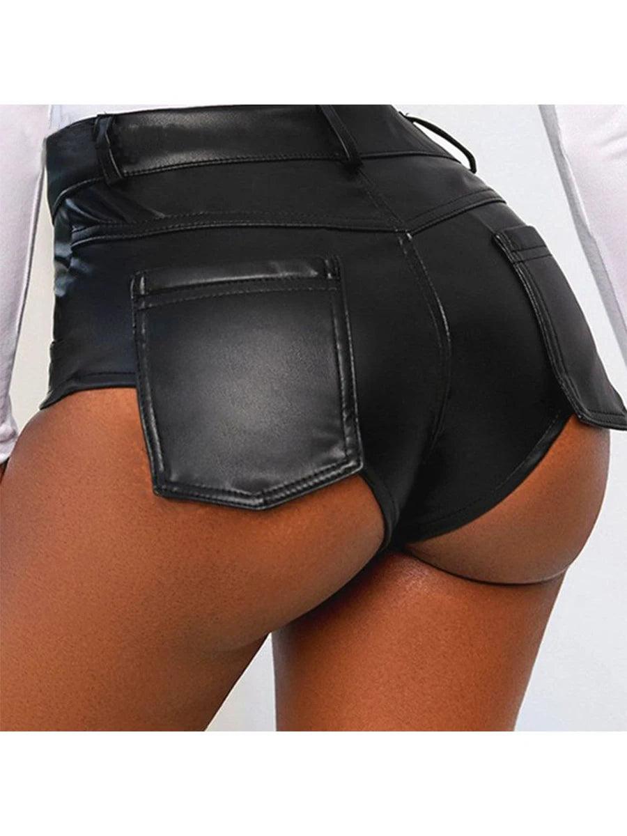 Summer Women's PU Leather Sexy Girl Style Pocket Patched Solid Motorcycle Booty Hot Shorts-THAT FASHION STORE