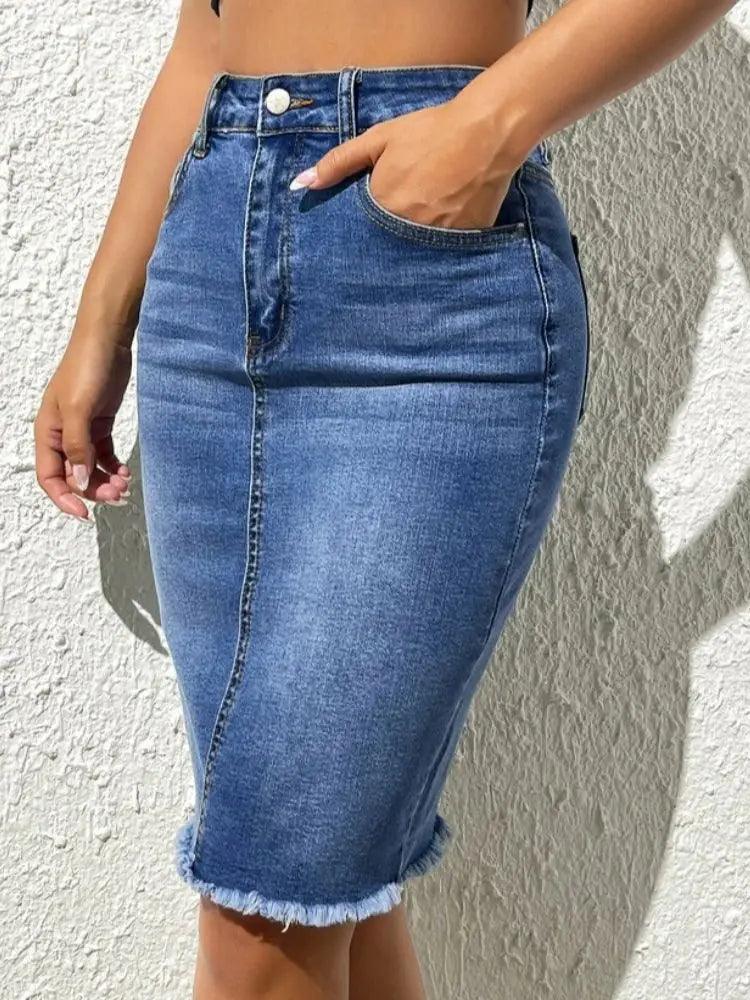 2024 Summer New High Elastic Raw Edge Slim Denim Skirt for Women Fashion Skinny Jeans Hip Cover Skirt Casual Ladies Clothing-THAT FASHION STORE