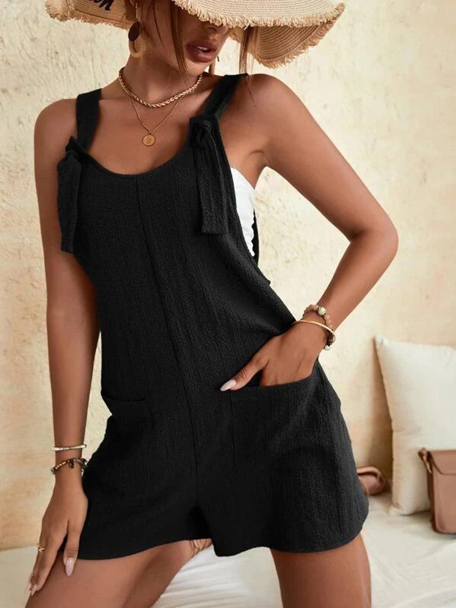 Women's Summer Jumpsuit Overalls Short Loose Sleeveless Wide Leg Overall Solid Casul Daily Banggy Romper with Pockets (Black )-THAT FASHION STORE