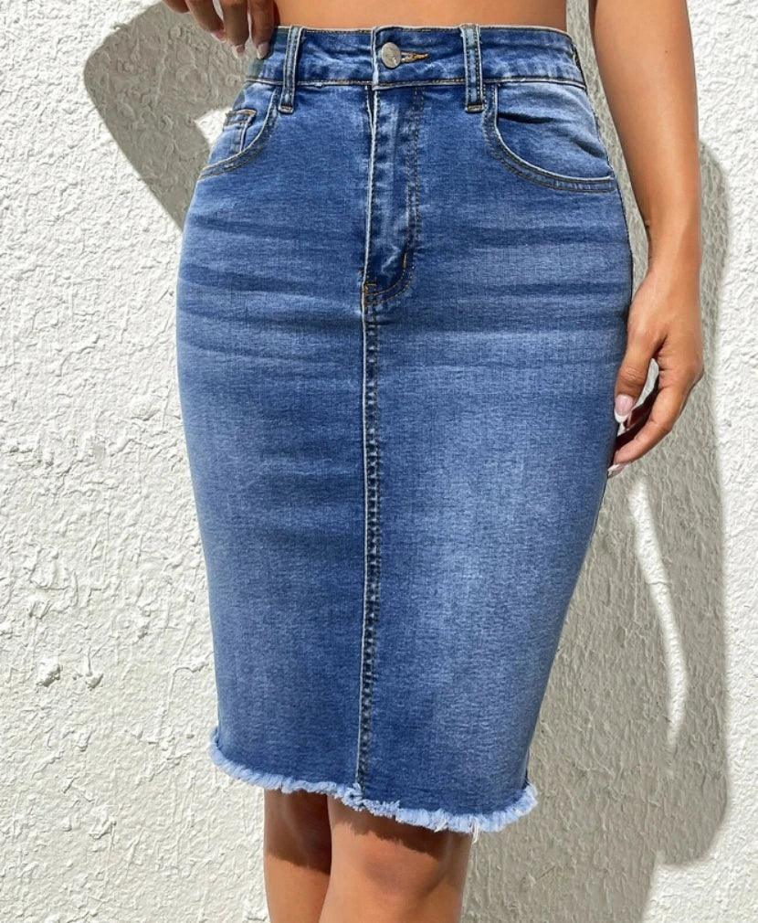 2024 Summer New High Elastic Raw Edge Slim Denim Skirt for Women Fashion Skinny Jeans Hip Cover Skirt Casual Ladies Clothing-THAT FASHION STORE