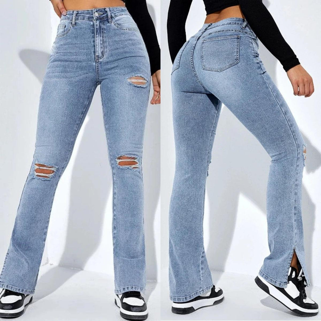 2023 Winter New Women's High Waist Ripped Leg Slit Jeans Fashion Slim Fit Stretch Denim Straight Legs Casual Trousers S-2XL-THAT FASHION STORE