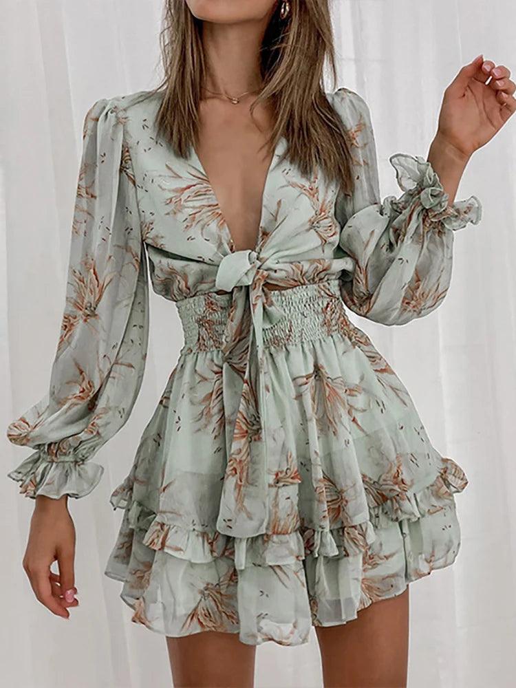 Fitshinling Deep V Neck Short Dresses For Women Print Bow Ruffles Beach Pareo Holiday Boho Sexy Fmale Dress Long Sleeve Vestido-THAT FASHION STORE