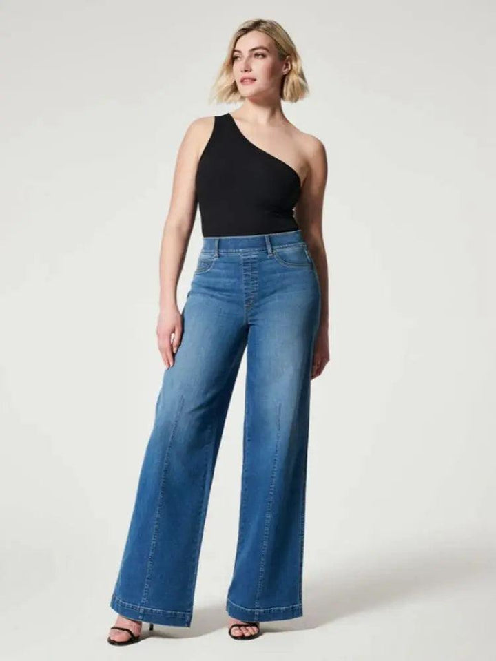 2023 Hot Sale Women's High Stretch Elastic Waist Jeans Fashion Mid Waist Denim Wide Leg Pants Casual Female Trousers S-2XL-THAT FASHION STORE