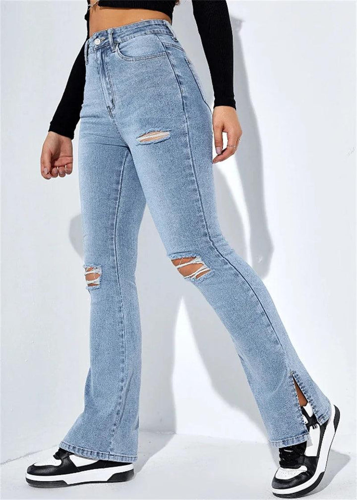 2023 Winter New Women's High Waist Ripped Leg Slit Jeans Fashion Slim Fit Stretch Denim Straight Legs Casual Trousers S-2XL-THAT FASHION STORE