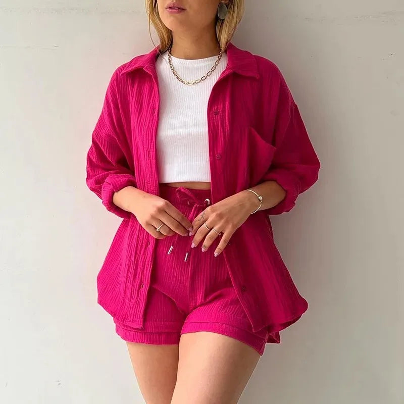 2024 Women's Summer Muslin Two-Piece Suit Set - Stylish Loose-Fit Solid Beach Outfit for Juniors - THAT FASHION STORE