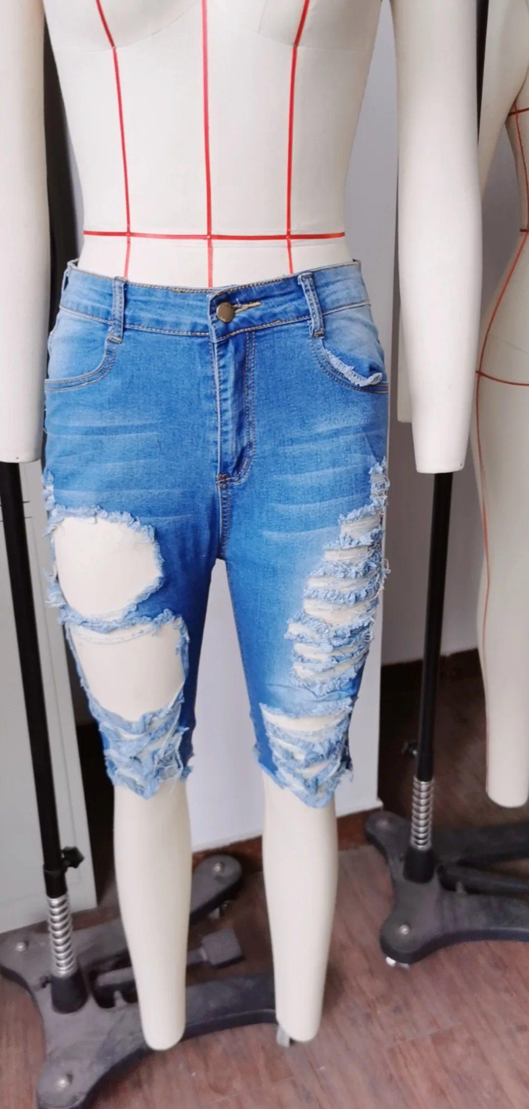 Trendy Women's Ripped Jeans Fashion Elastic High Waist Skinny Denim Jeans Knee Length Pencil Pants Summer Casual Hipster Jeans-THAT FASHION STORE