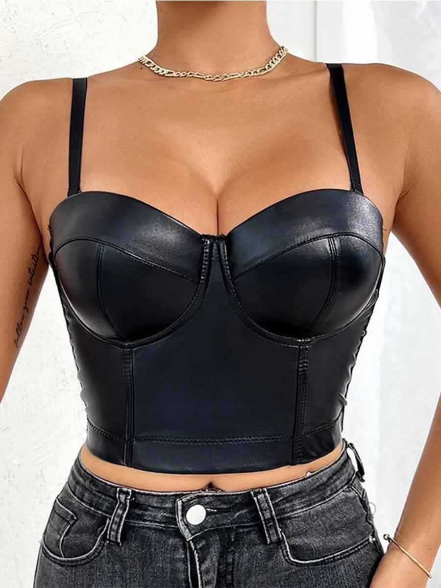 Sexy Stretch Solid PU Leather Look Bustier Crop Corset Top Party Clubwear Body Shaper-THAT FASHION STORE