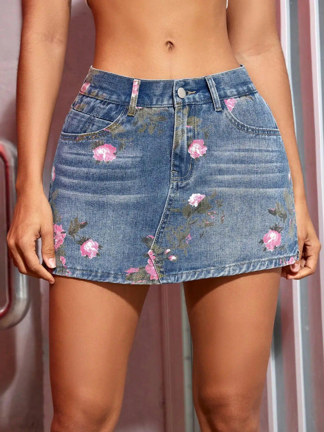 2023 Women Fashion Floral Print Split Hem Denim Skort 90s Retro Summer Sexy Jean Shorts Street Slim A-Line Skirt-THAT FASHION STORE