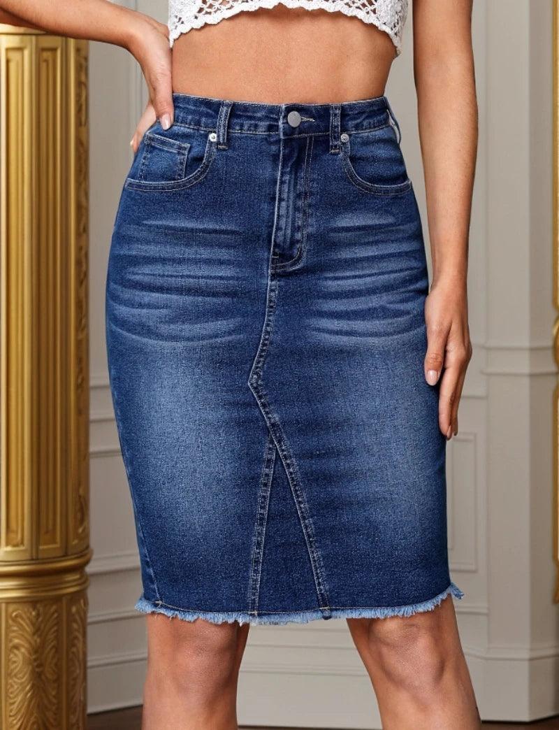 2024 Summer New Women's High Waist Slit Denim Skirt Fashion Sexy Slim Elastic Raw Edge Skinny Jeans Hip Covering Skirt S-2XL-THAT FASHION STORE