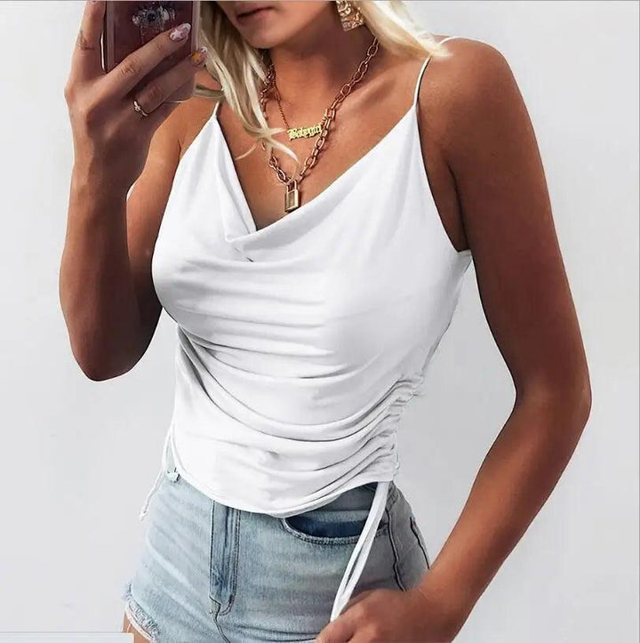 Women Tank Top V Neck Camisole Cami Drawstring Spaghetti Strap Top Loose Sleeveless Blouses Tank Shirt Summer Crop Top-THAT FASHION STORE