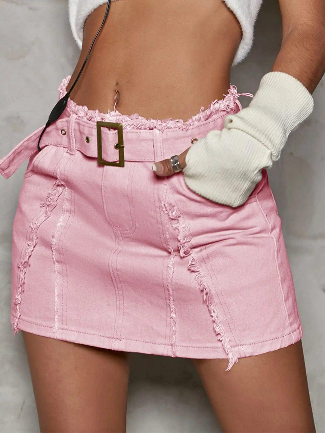 2023 Women Fashion Low Rise Denim Skirt Belted Raw Detail Slant Pocket Cargo Skirt Retro Aesthetic A-Line Jean Skirt-THAT FASHION STORE