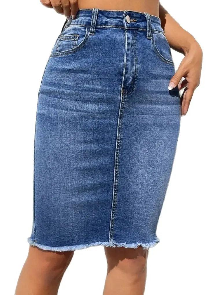 2024 Summer New High Elastic Raw Edge Slim Denim Skirt for Women Fashion Skinny Jeans Hip Cover Skirt Casual Ladies Clothing-THAT FASHION STORE