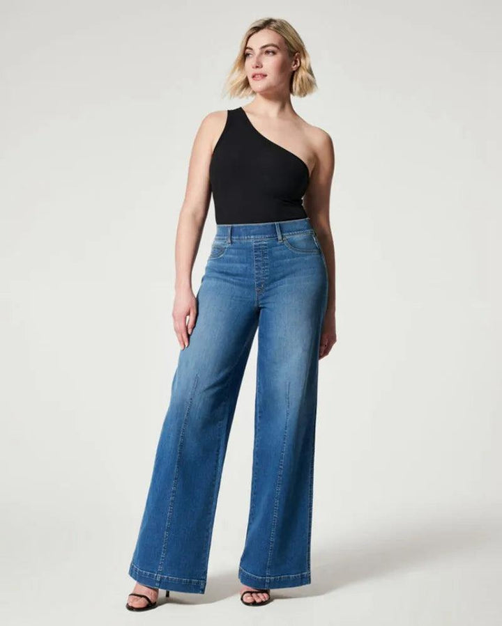 2023 Hot Sale Women's High Stretch Elastic Waist Jeans Fashion Mid Waist Denim Wide Leg Pants Casual Female Trousers S-2XL-THAT FASHION STORE