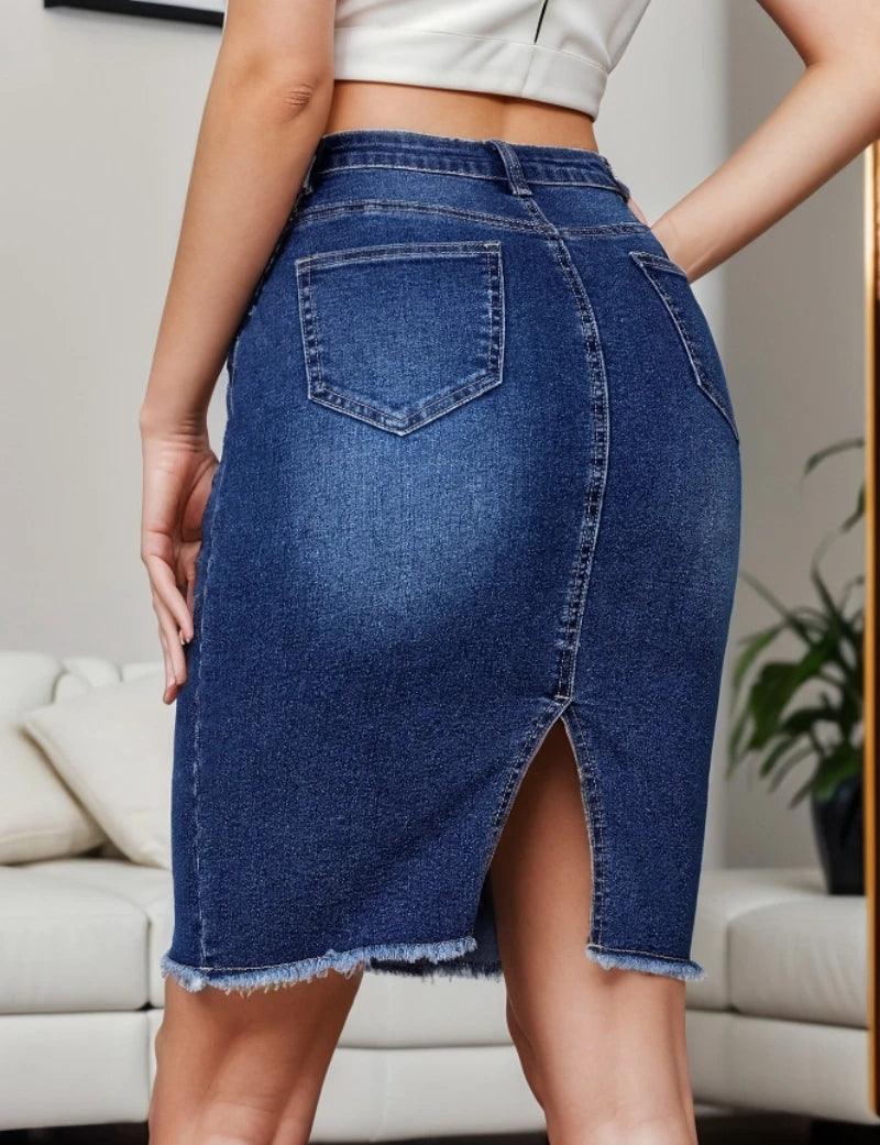 2024 Summer New Women's High Waist Slit Denim Skirt Fashion Sexy Slim Elastic Raw Edge Skinny Jeans Hip Covering Skirt S-2XL-THAT FASHION STORE