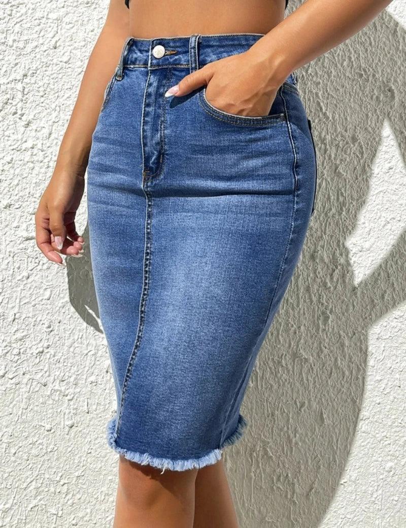 2024 Summer New High Elastic Raw Edge Slim Denim Skirt for Women Fashion Skinny Jeans Hip Cover Skirt Casual Ladies Clothing-THAT FASHION STORE