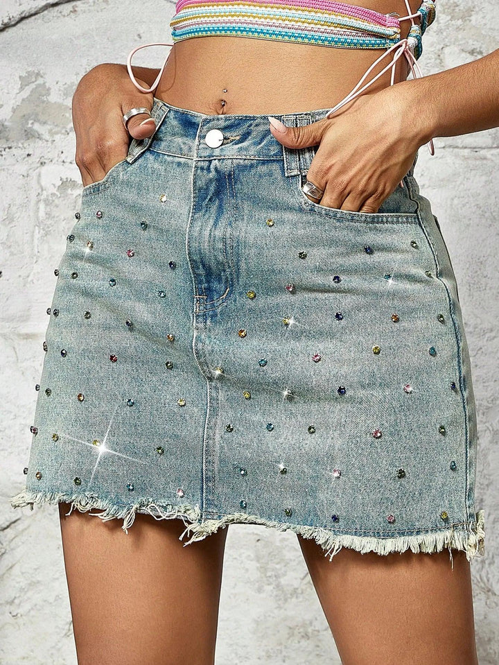 2023 Charming Female New Vintage Hotgirl Rave Colorful Rhinestone Detail Raw Hem Denim Mini Skirt-THAT FASHION STORE