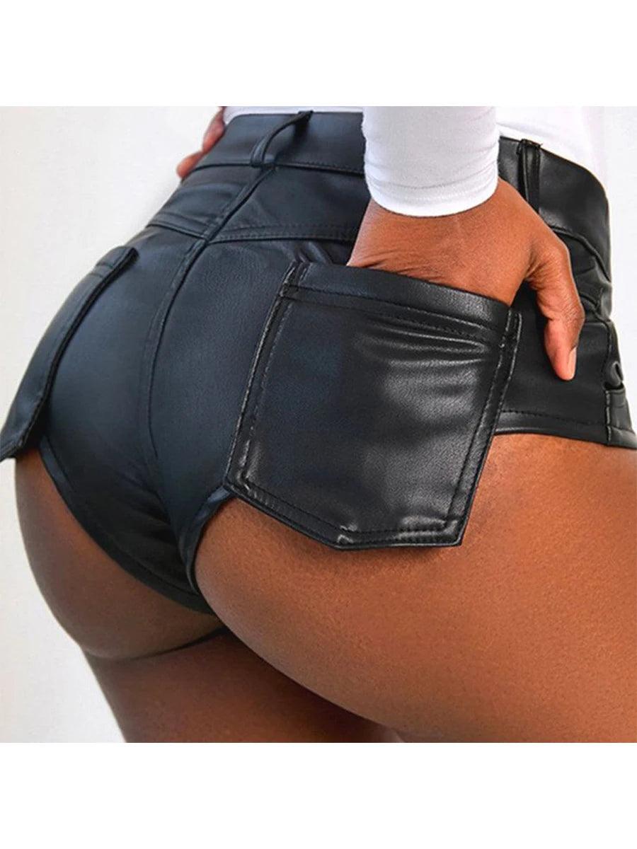 Summer Women's PU Leather Sexy Girl Style Pocket Patched Solid Motorcycle Booty Hot Shorts-THAT FASHION STORE