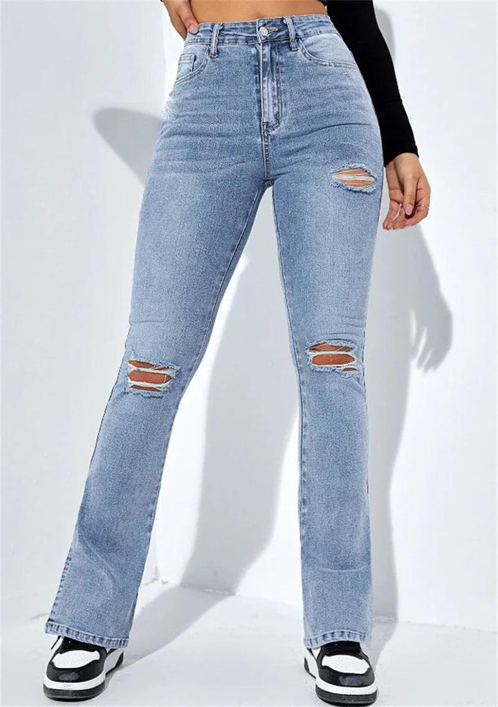 2023 Winter New Women's High Waist Ripped Leg Slit Jeans Fashion Slim Fit Stretch Denim Straight Legs Casual Trousers S-2XL-THAT FASHION STORE