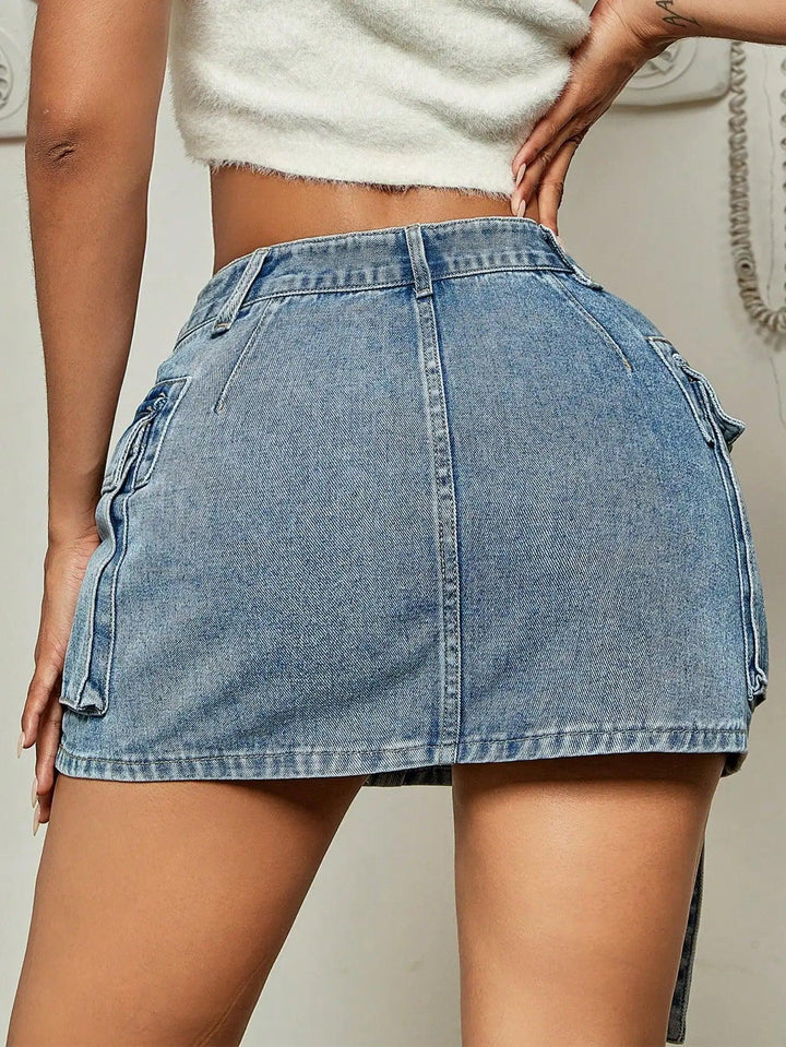 2023 Trendy Street Tooling Style Flap Pocket Ribbon Details Slim Workwear Denim Mini Skirt High Street Clothing-THAT FASHION STORE