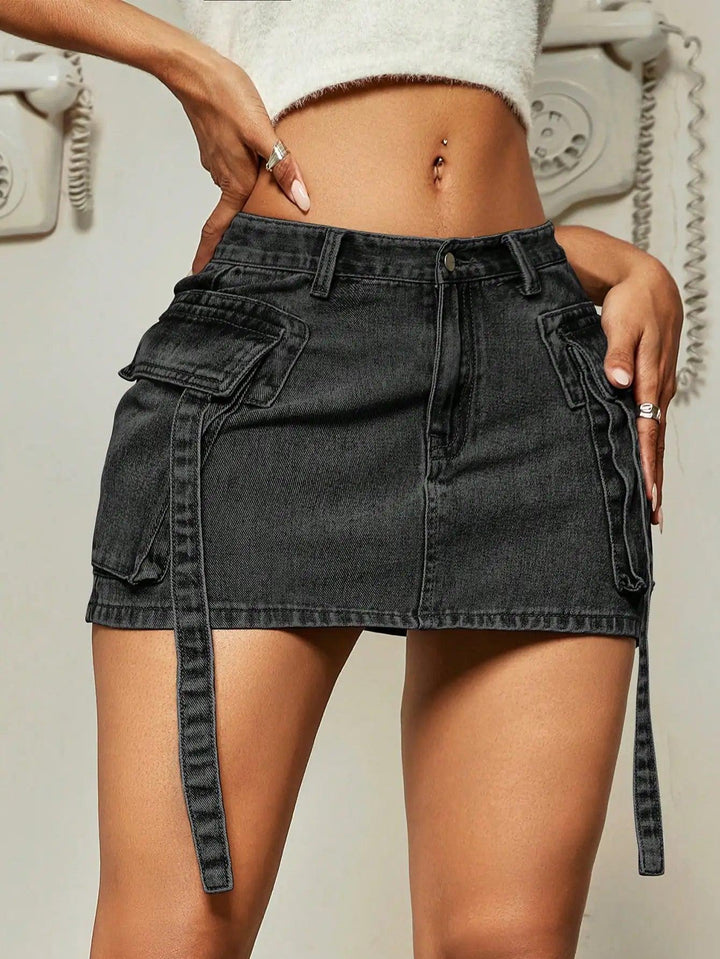 2023 Trendy Street Tooling Style Flap Pocket Ribbon Details Slim Workwear Denim Mini Skirt High Street Clothing-THAT FASHION STORE