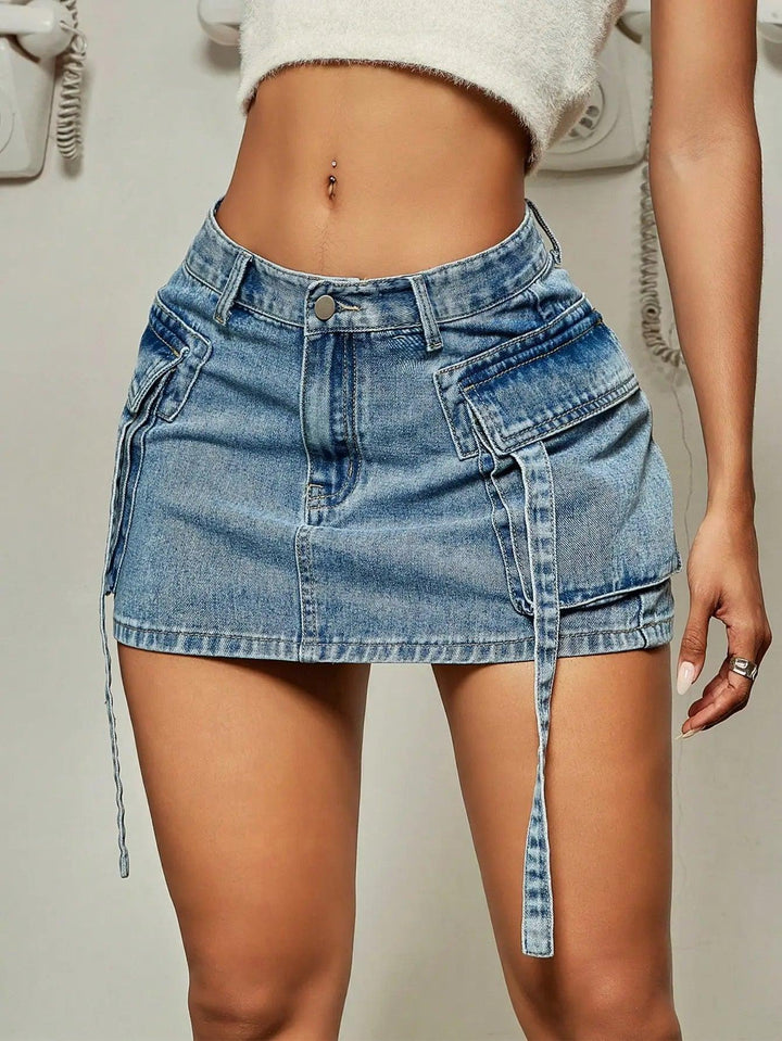 2023 Trendy Street Tooling Style Flap Pocket Ribbon Details Slim Workwear Denim Mini Skirt High Street Clothing-THAT FASHION STORE