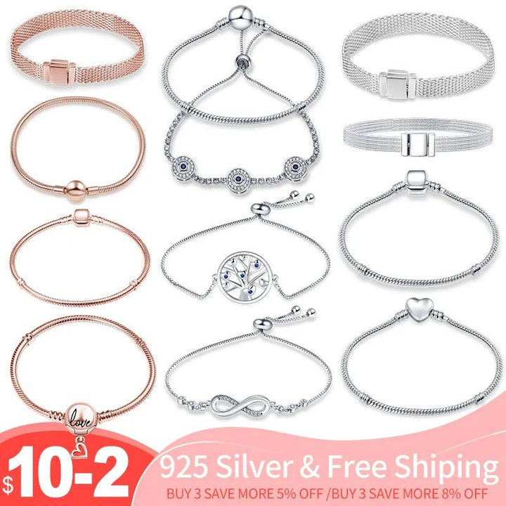 925 Sterling Silver Original Genuine Certified Rose Gold Luxury Charm Beads Bracelet Snake Chain For Women Jewelry Flat Bracelet-THAT FASHION STORE