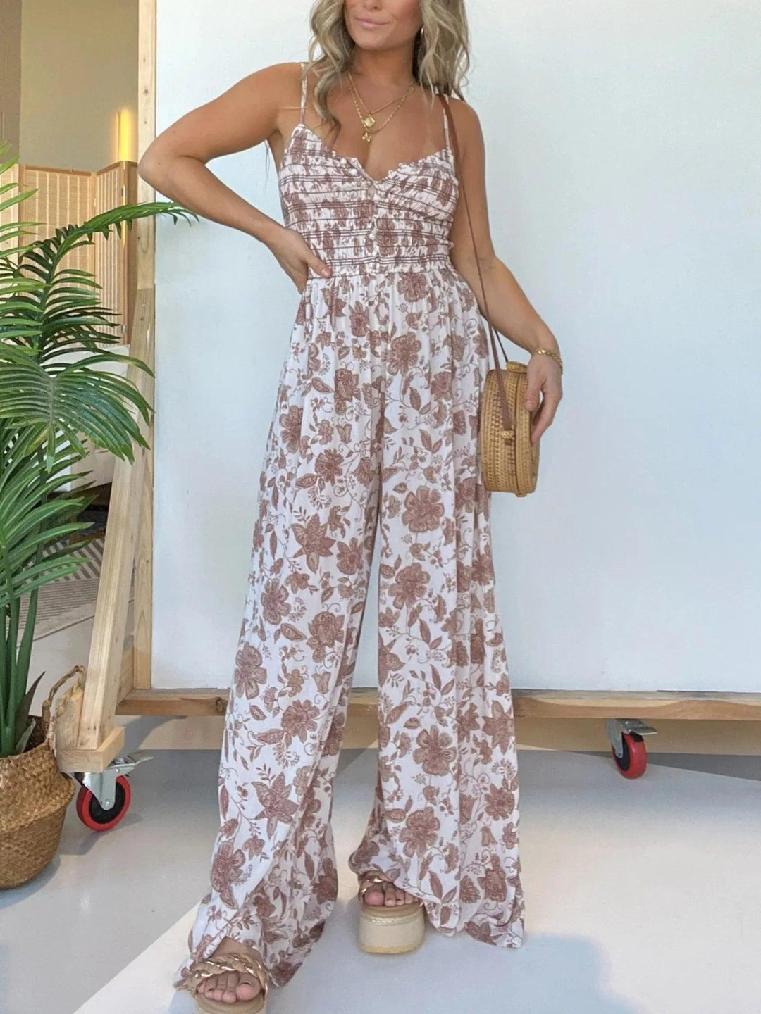 Women Floral Suspender Jumpsuit 2024 Spring Summer Wide Leg Pants V Neck Spaghetti Strap Loose Fashion Bohemia Rompers Clothes-THAT FASHION STORE