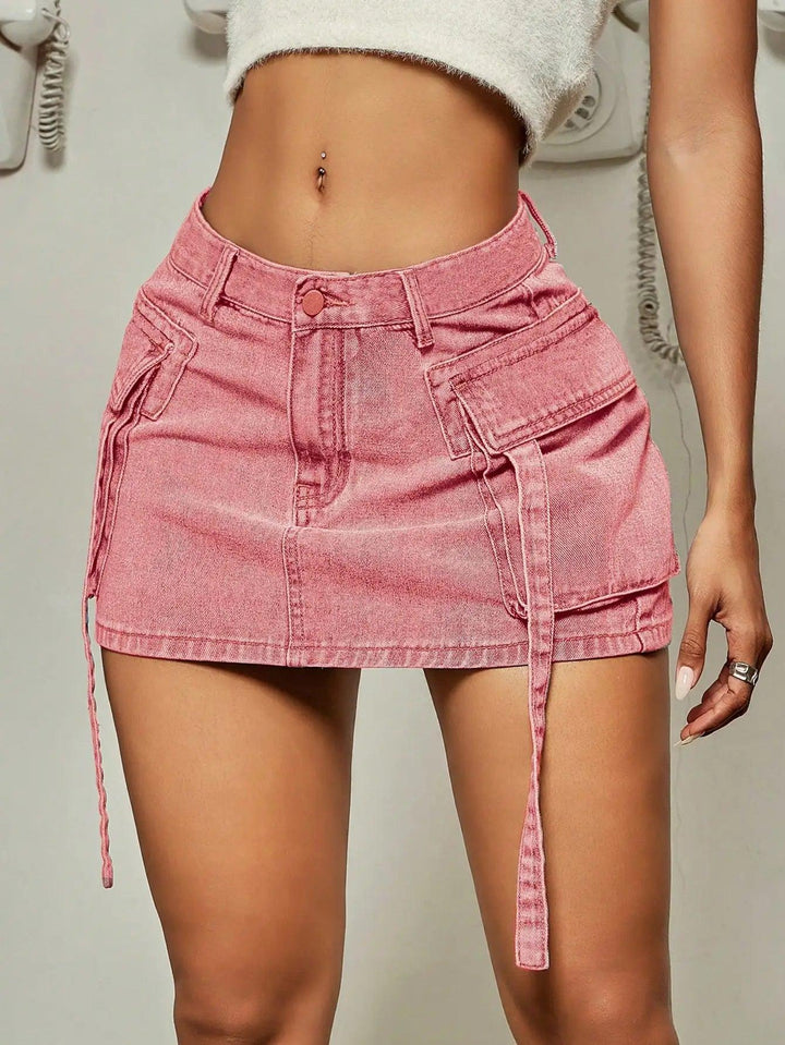 2023 Trendy Street Tooling Style Flap Pocket Ribbon Details Slim Workwear Denim Mini Skirt High Street Clothing-THAT FASHION STORE