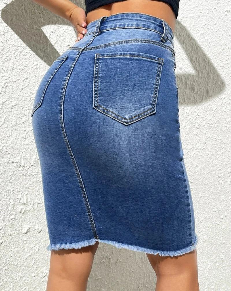 2024 Summer New High Elastic Raw Edge Slim Denim Skirt for Women Fashion Skinny Jeans Hip Cover Skirt Casual Ladies Clothing-THAT FASHION STORE