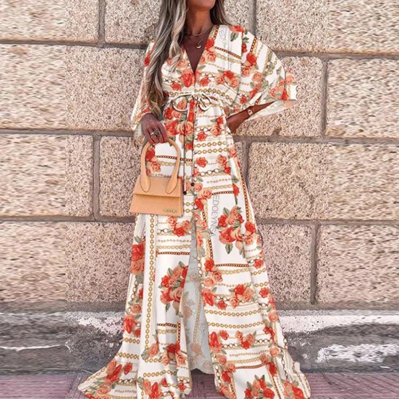 Elegant Gorgeous Printing Dress Women Casual Elastic Waist Long Party Dress 2023 Summer Loose Slit Beach Dress A932-THAT FASHION STORE