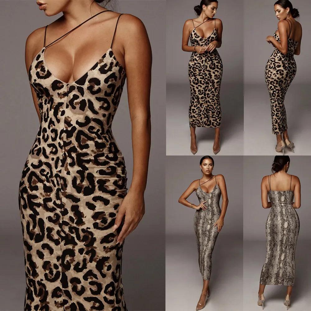 Sexy V Neck Leopard Slim Long Dress Women Spaghetti Strap Backless Slim Strappy Snake Sheath Party Club Pencil Dress Vestidos-THAT FASHION STORE