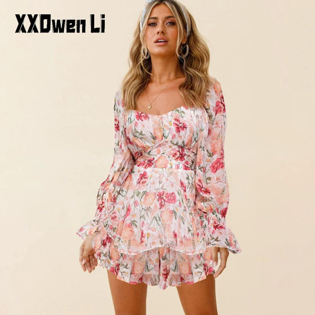 Women's Chiffon Long Sleeves Jumpsuit Lace Up Ruffle Floral Print Romper Female Playsuit Ladies Sexy Square Collar Jumpsuit-THAT FASHION STORE