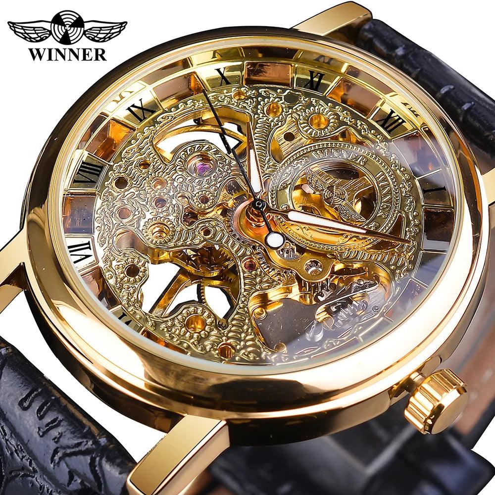 Winner Transparent Golden Case Luxury Casual Design Brown Leather Strap Mens Watches Top Brand Luxury Mechanical Skeleton Watch-THAT FASHION STORE