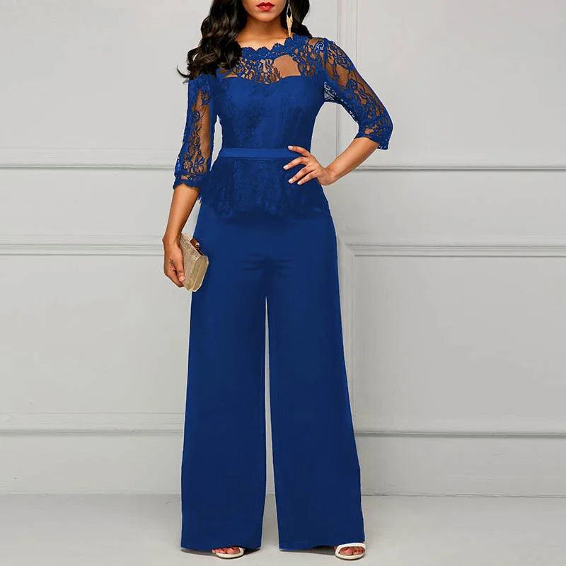 Sexy Lace Hollow Out Jumpsuits Women Spring Autumn Solid O-neck Half Sleeve Party Rompers Elegant Office Lady Wide Leg Overalls-THAT FASHION STORE