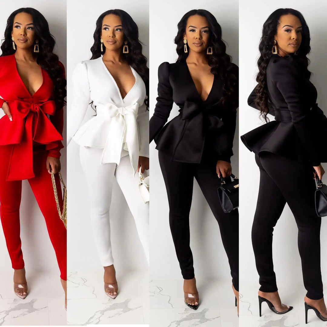 Women Winter Women's Set Tracksuit Ruffles Bow Blazers Pants Suit 2 Two Piece Set Office Lady Business Uniform Outfits-THAT FASHION STORE