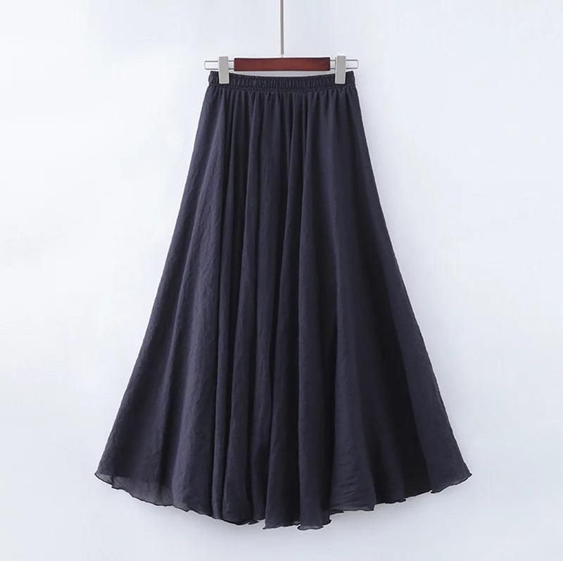 High Quality Cotton Linen Maxi Skirt Womens Casual Elastic High Waist Pleated A-Line Beach Skirts Boho Saia Feminina Faldas Jupe-THAT FASHION STORE