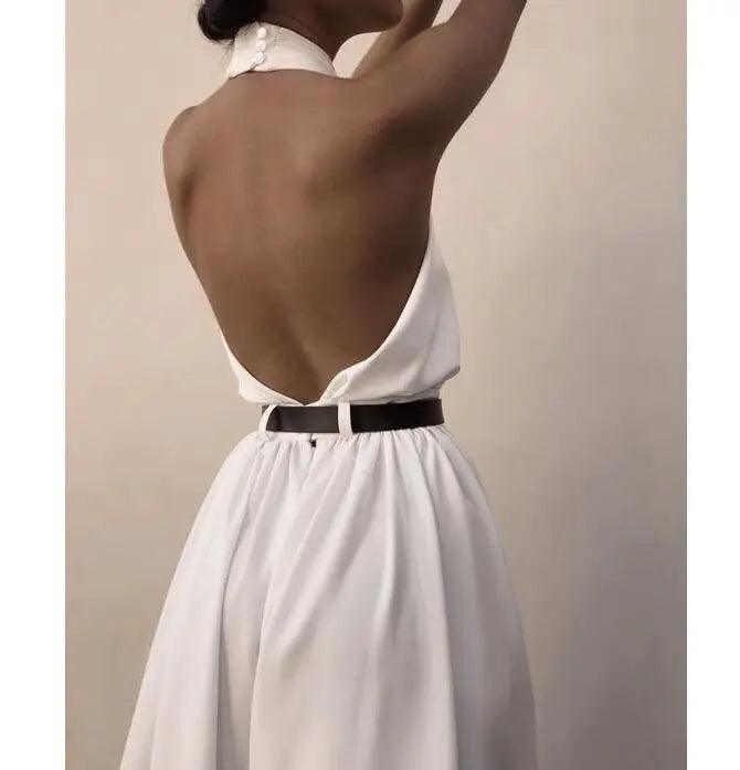 2022 Summer Women Jumpsuits Sexy Elegant Backless Halter White Rompers Female Solid Wide Leg Loose Pants Overalls Jumpsuits-THAT FASHION STORE