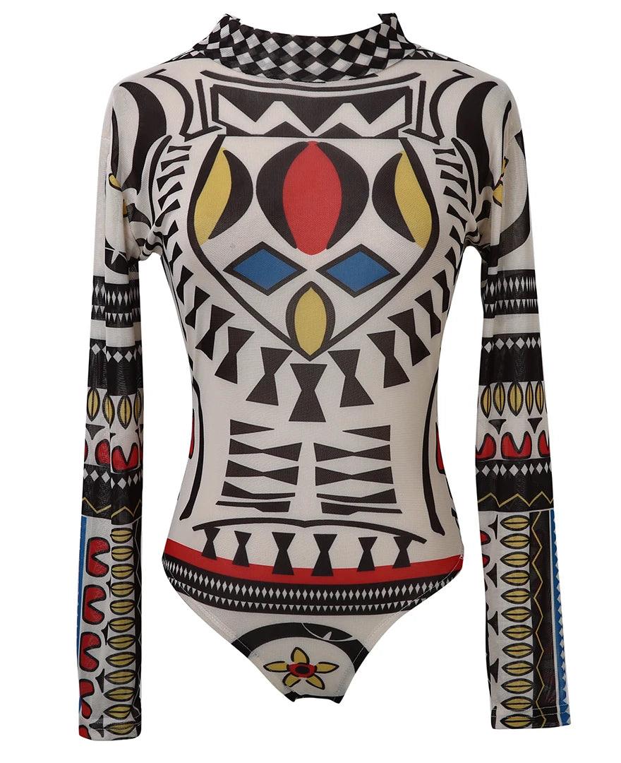 Women Gothic Tattoo Tribal Print Stretchy Skinny Bodysuit Sexy See-Through Mesh Sheer Long Sleeve Top Pullovers Clubwear Bodycon-THAT FASHION STORE