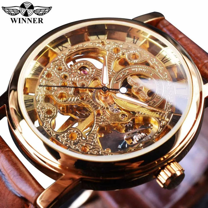 Winner Transparent Golden Case Luxury Casual Design Brown Leather Strap Mens Watches Top Brand Luxury Mechanical Skeleton Watch-THAT FASHION STORE