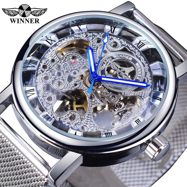 Winner Transparent Golden Case Luxury Casual Design Brown Leather Strap Mens Watches Top Brand Luxury Mechanical Skeleton Watch-THAT FASHION STORE