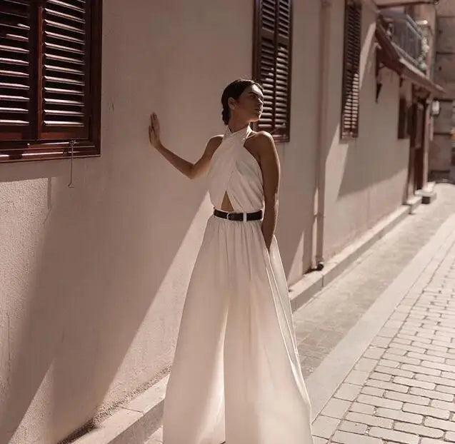 2022 Summer Women Jumpsuits Sexy Elegant Backless Halter White Rompers Female Solid Wide Leg Loose Pants Overalls Jumpsuits-THAT FASHION STORE