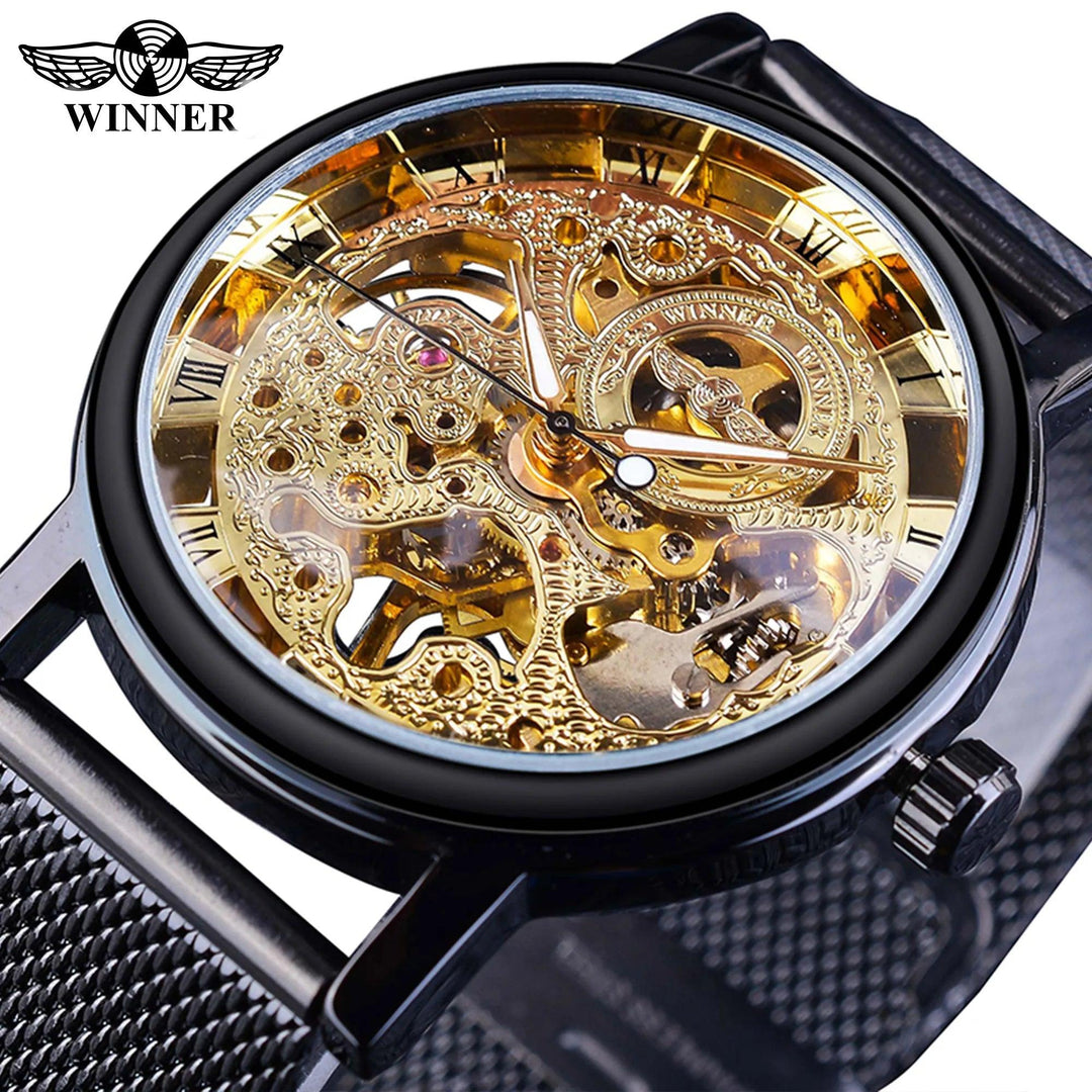 Winner Transparent Golden Case Luxury Casual Design Brown Leather Strap Mens Watches Top Brand Luxury Mechanical Skeleton Watch-THAT FASHION STORE