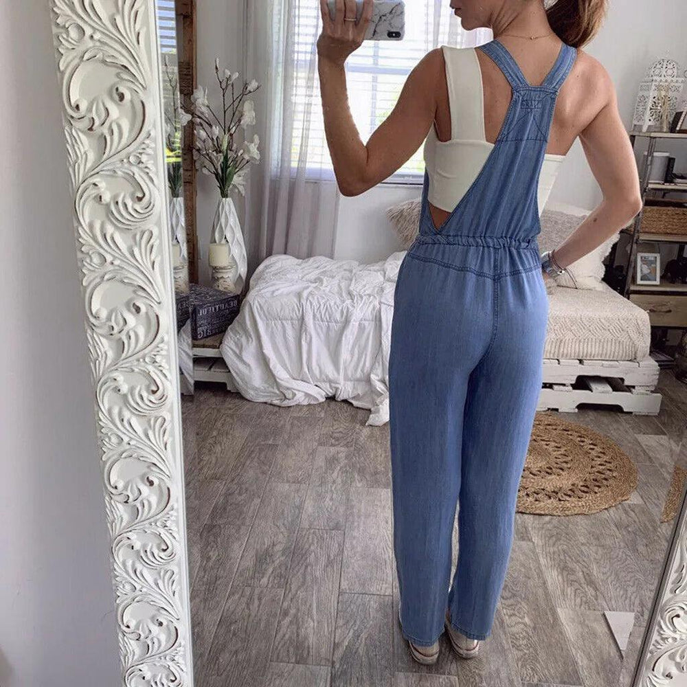 Women One-Piece Denim Jumpsuit Solid Color Dungarees Overalls Fashion Casual Pocket Drawstring Jumpsuit женская одежда 2023-THAT FASHION STORE