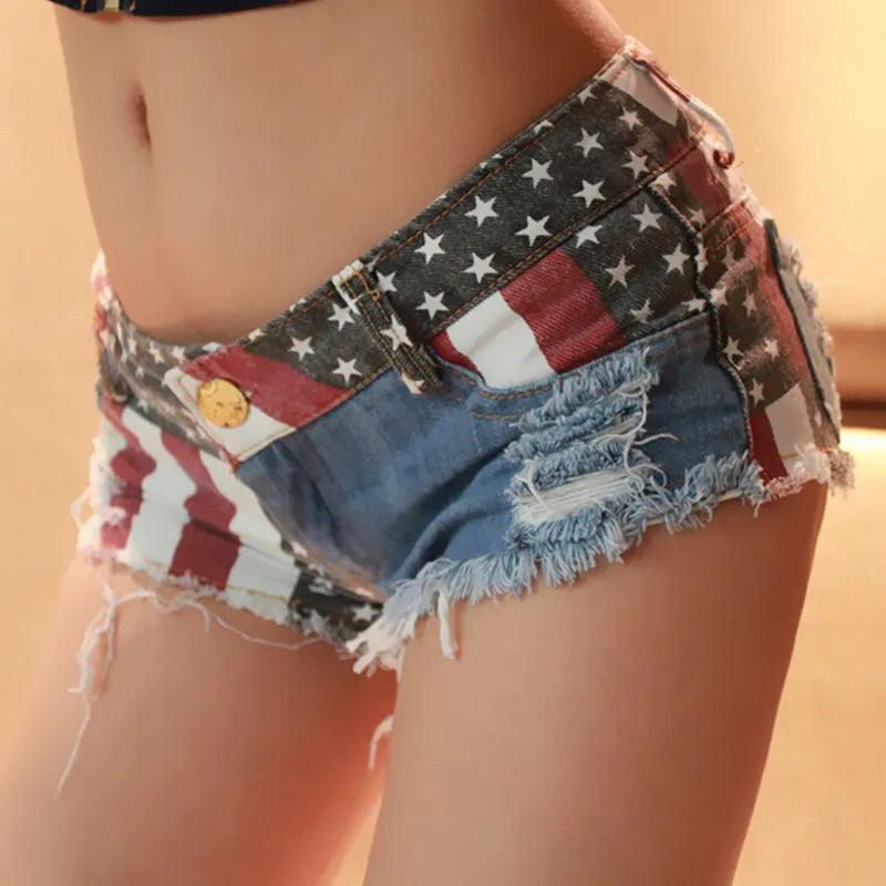 Mid Waist Jeans Shorts 2021 Women New Fashion USA Flag Printed Denim Pole Dance Skinny Hot Hole Short Pants S-XXL-THAT FASHION STORE