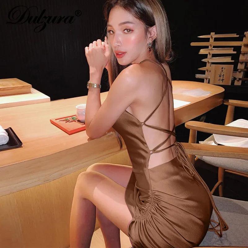 Dulzura Satin Women Strap Mini Dress Ruched Lace Up Cross Bandage Backless Bodycon Sexy Party Elegant 2023 Club Christmas Slim-THAT FASHION STORE