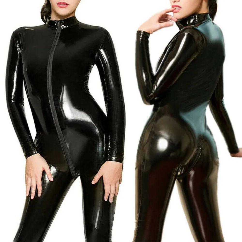 Sexy Wet Look PU Leather Zip Open Crotch Turtleneck Skinny Long Sleeve Jumpsuit Costume Clubwear Party Jumpsuits Women-THAT FASHION STORE