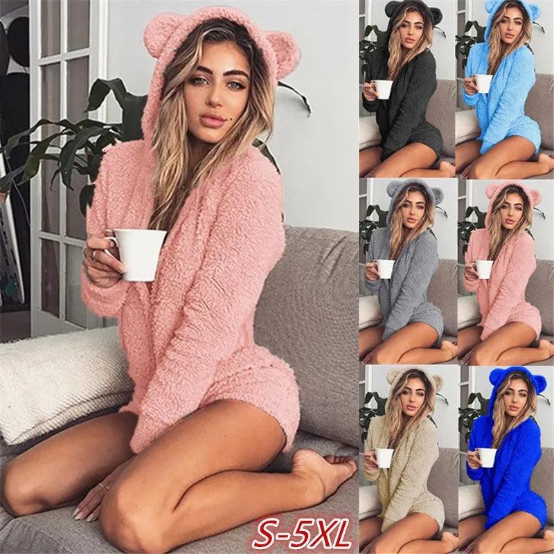 2023 Autumn Keep Warm Velvet Women Rompers Long Sleeve Bodysuit Cute Bear Ears Hoodie Casual Winter Long Sleeve Siamese Shorts-THAT FASHION STORE